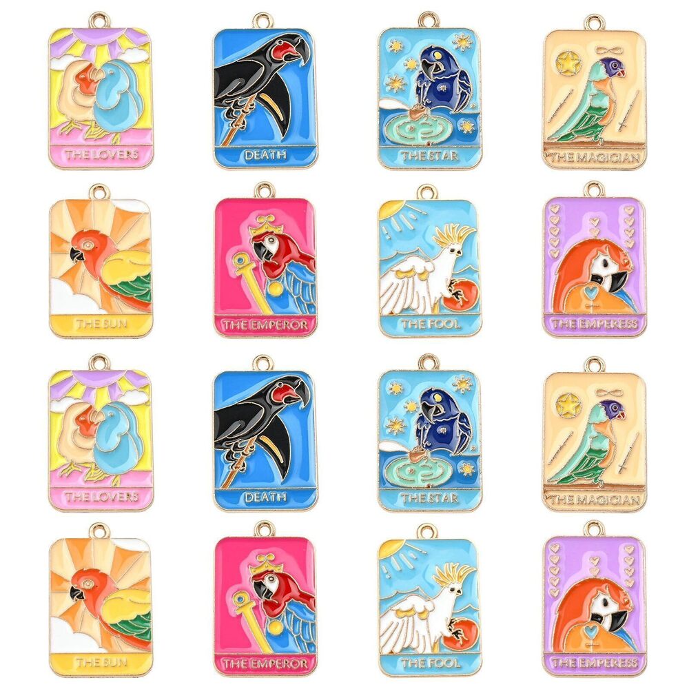 2194 40Pcs 8 Styles Enamel Tarot Card Charms Tarot Parrot Charms Rectangle